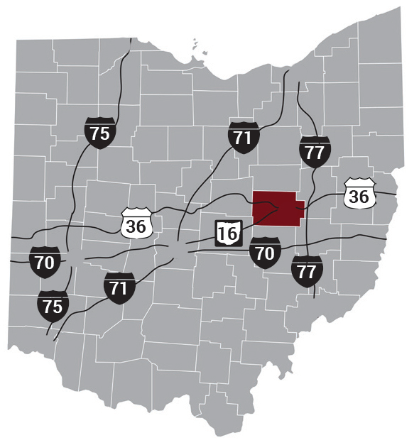 Map of Ohio with Coshocton County marked
